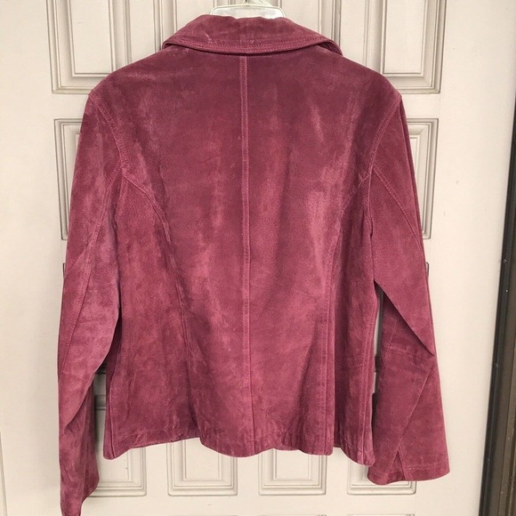 Chico's Design Jacket Sz 2 Magenta Suede Leather Designs Snap Front Zip Pockets - Picture 2 of 10